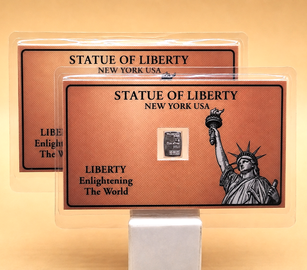 LOT 2 Statue of Liberty Card w/ Genuine 1g Valcambi Suisse .999 Fine Silver Bar