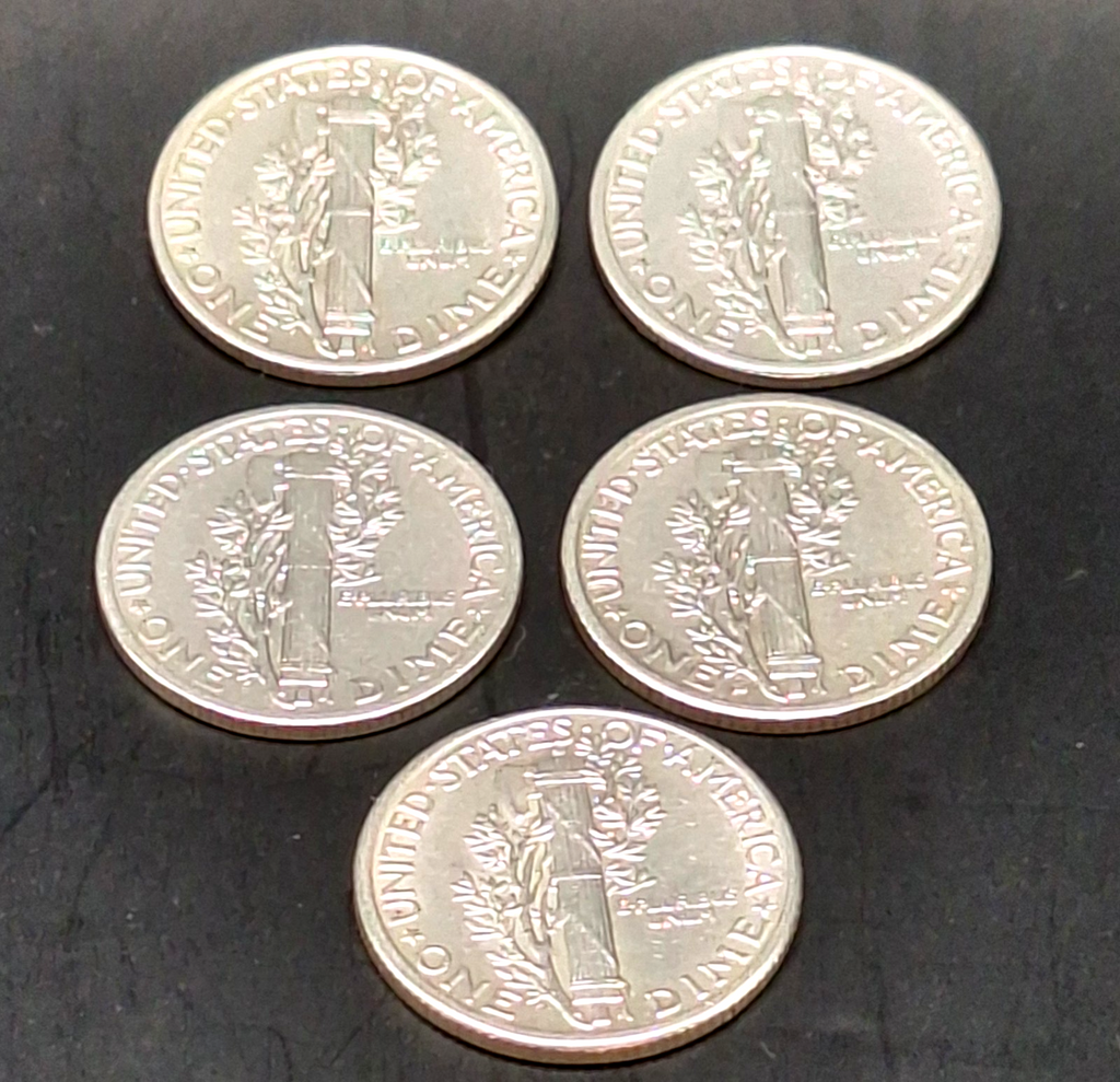 Set of 5 Mercury Dimes BU Brilliant Uncirculated 90% Silver 10C PDS Free Ship!!
