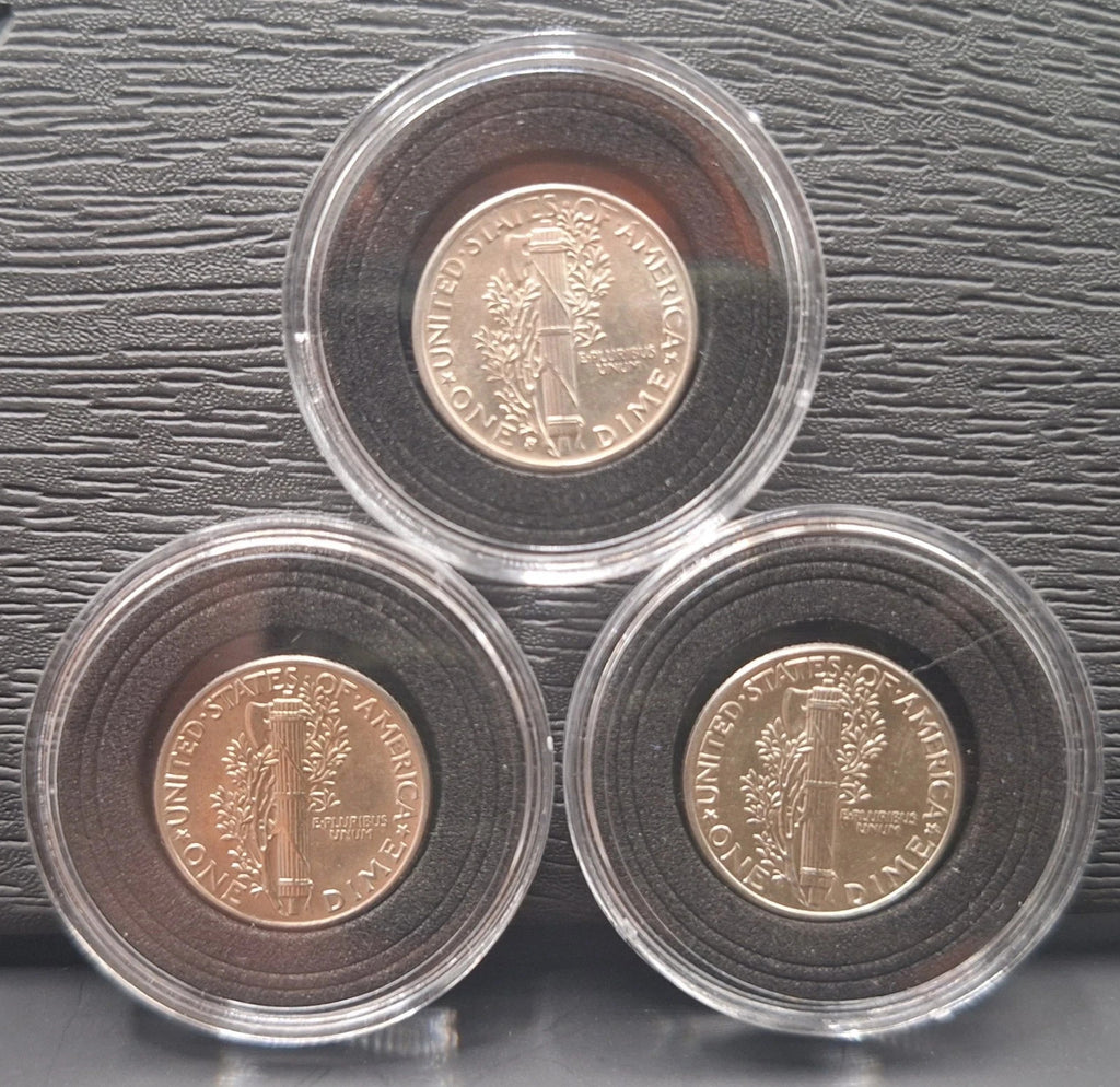 Set of 3 - MERCURY DIME GEM BU UNCIRCULATED 90% SILVER 10C PDS IN CASE HOLDER
