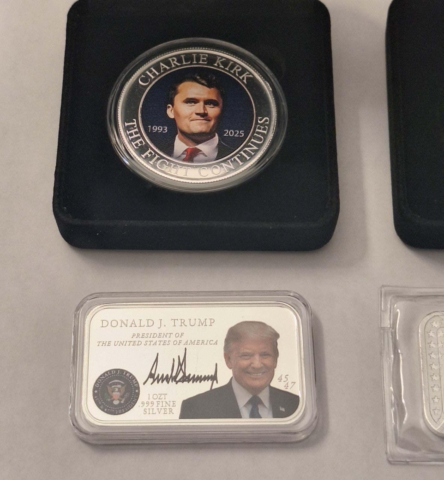 Ultimate Trump & Charlie Kirk .999 Silver Set w/ Colorized Bar + Display Cases