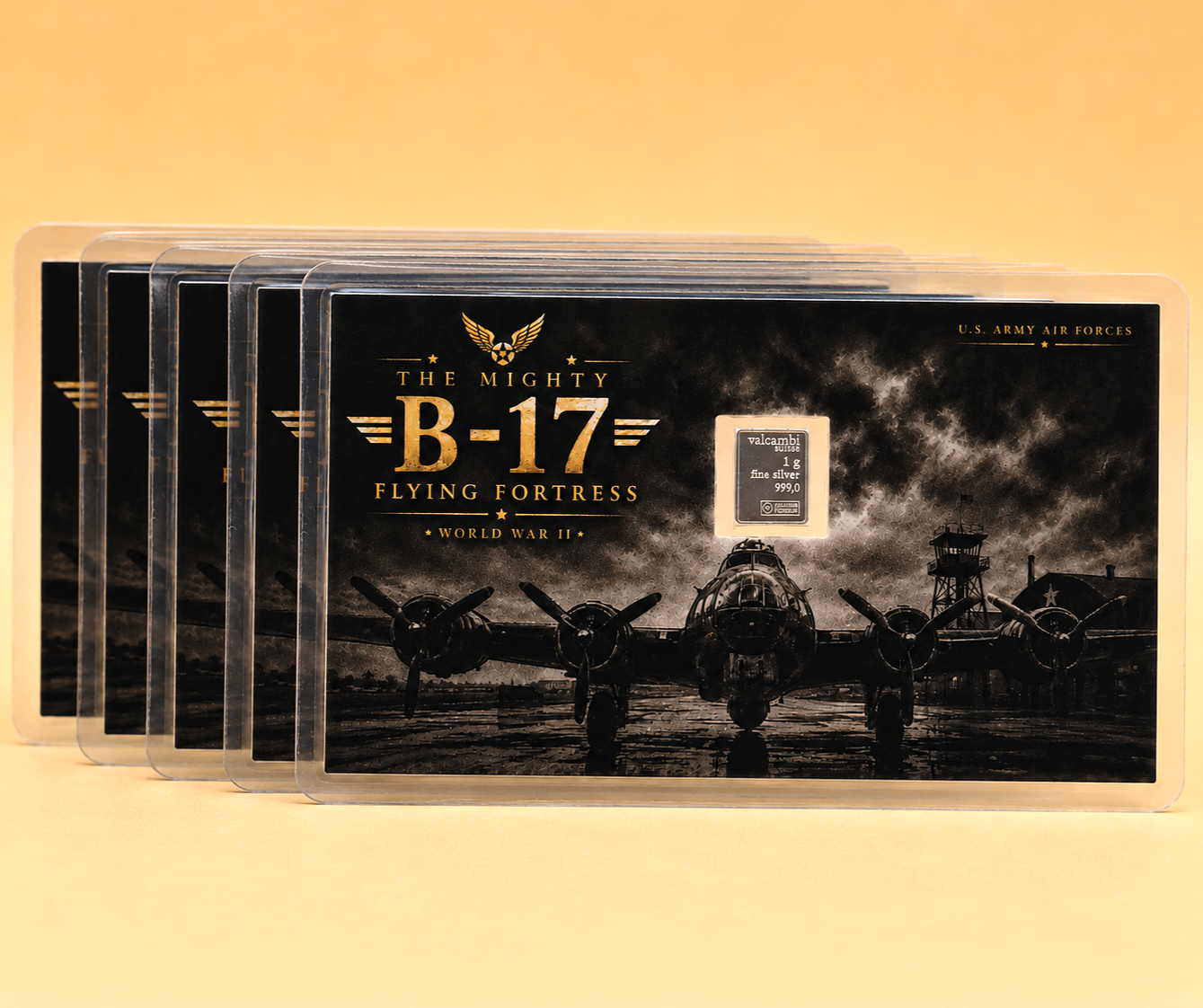5x B-17 Flying Fortress Cards w/ Genuine 1g Valcambi Suisse .999 Fine Silver Bar