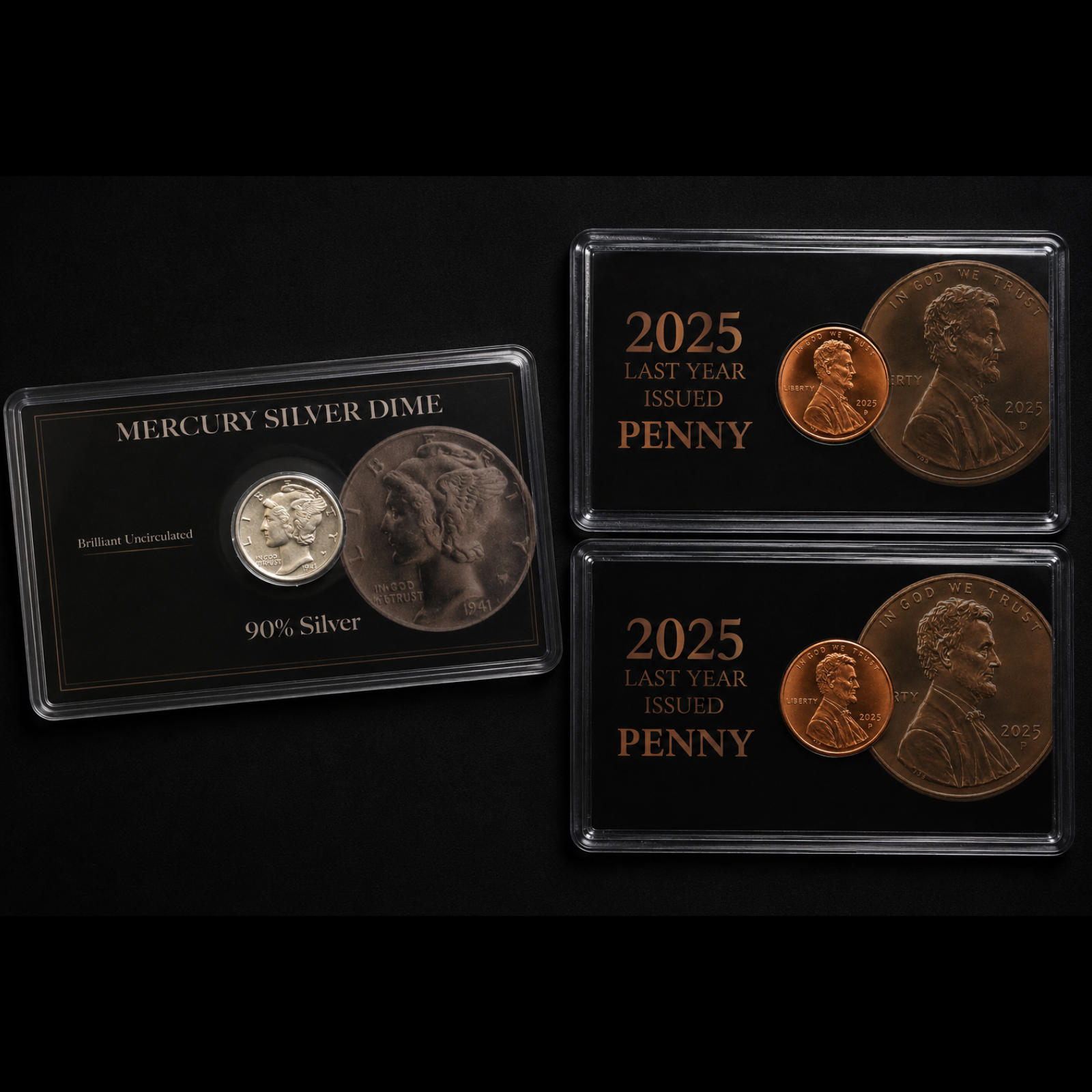 Set - Classic Mercury Silver Dime Gem BU 90% Silver & 2025 P&D Penny BU Cards FS