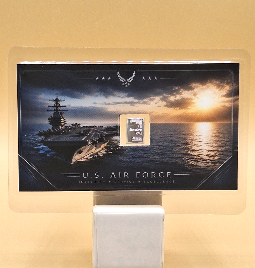 US Air Force Aircraft Carrier Card w/ Genuine 1g Valcambi Suisse .999 Silver Bar