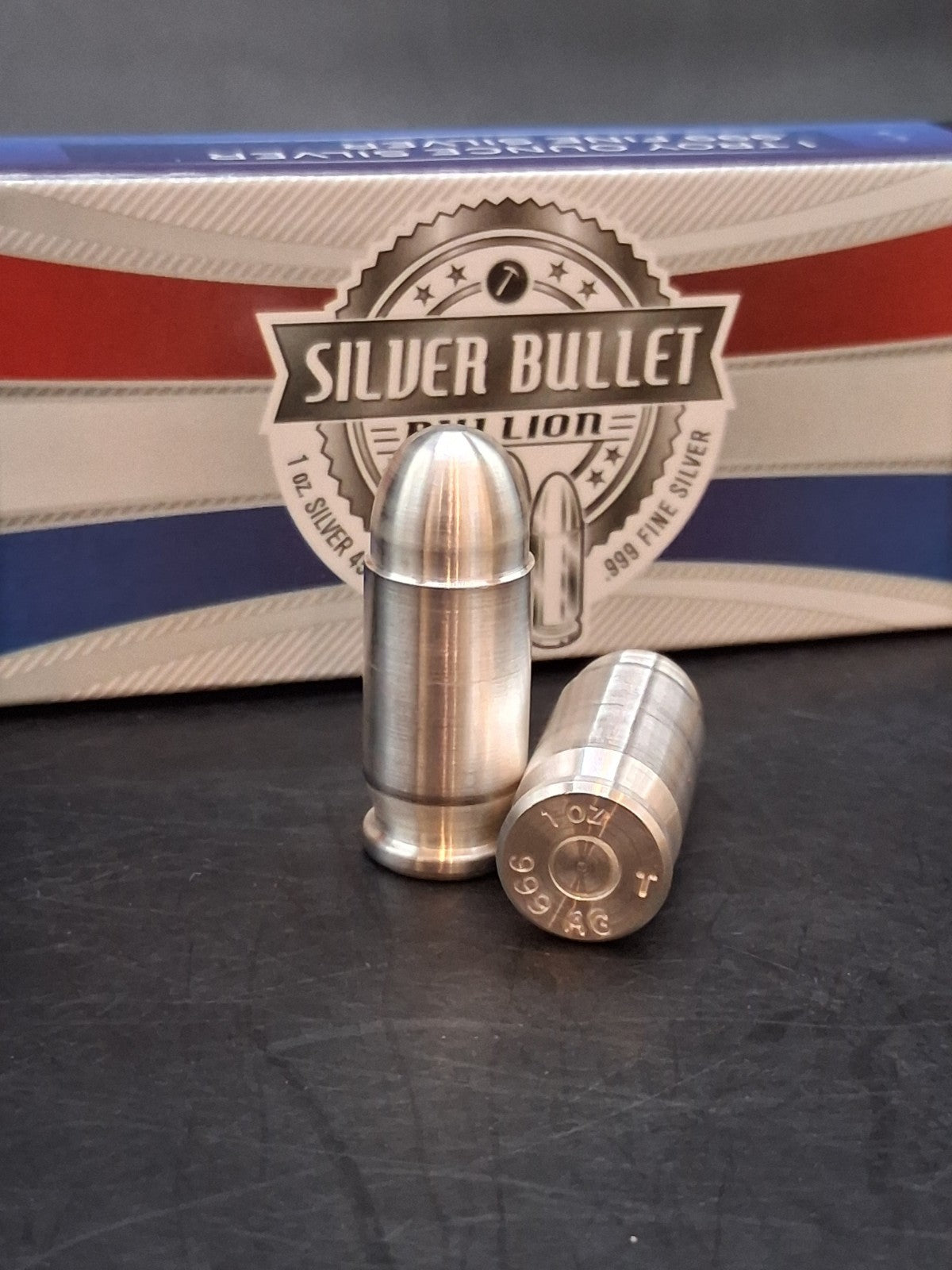 1 Oz Silver Bullet Bullion .999 Fine Silver .45 Auto ACP