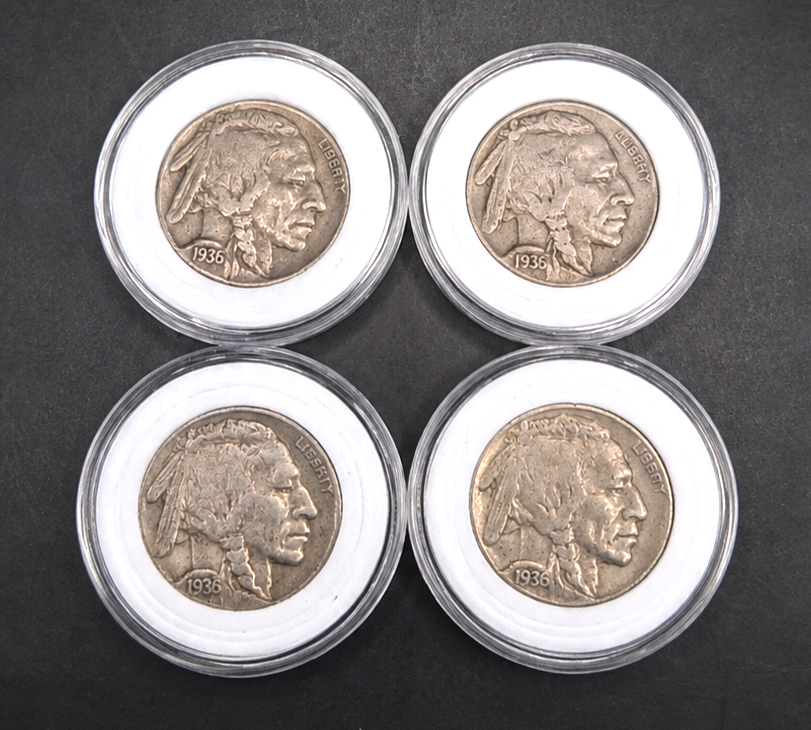 Lot of 4 Buffalo / Indian Head Nickel Coins with Full Dates, US Coins!