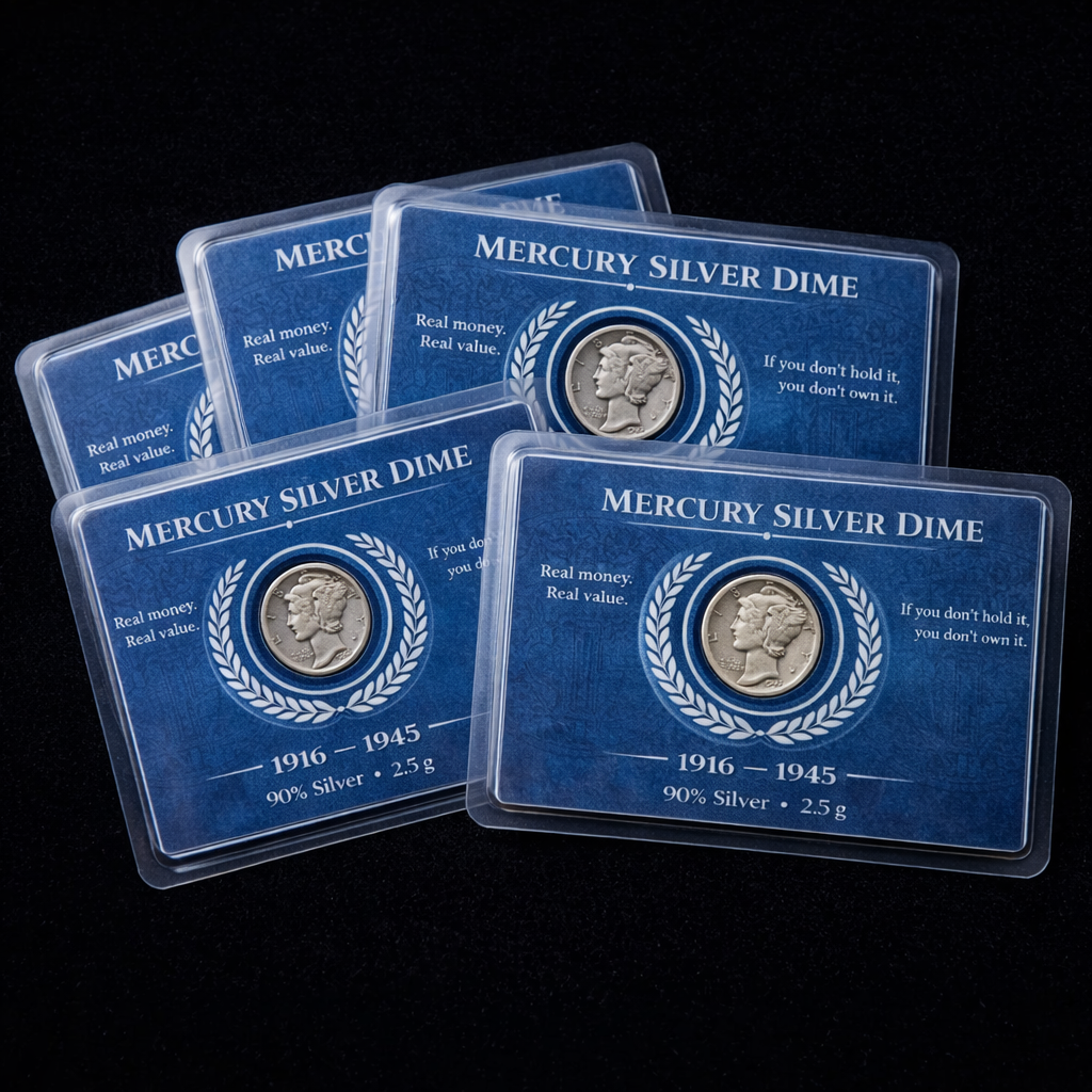 Lot of 5 - Genuine Mercury Silver Dime 90% Silver Coin in Laminated Display Card