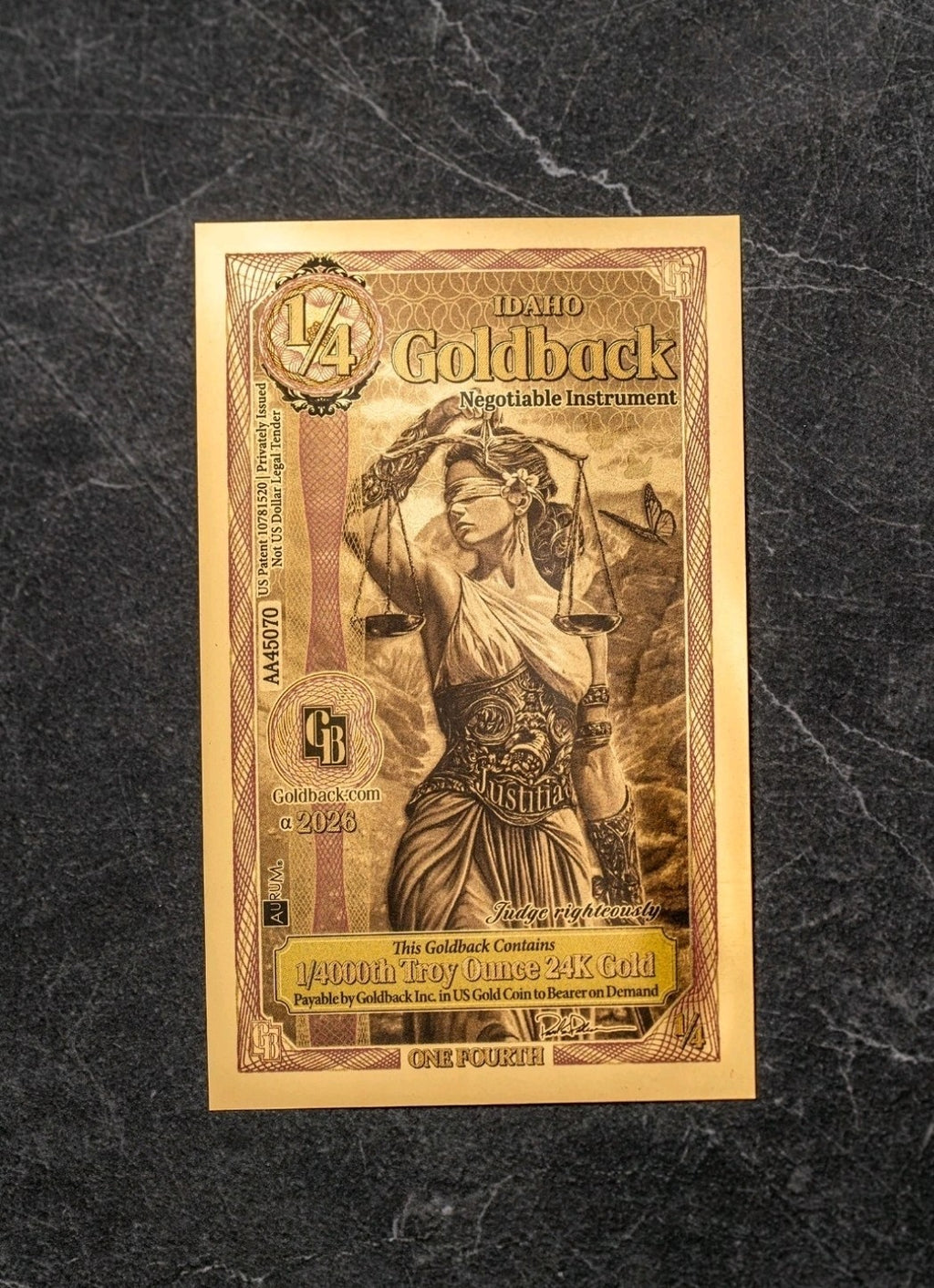 Lot of 3 Idaho 1/4 Goldback 2026 Alpha Series 24K Gold Foil Notes - Uncirculated