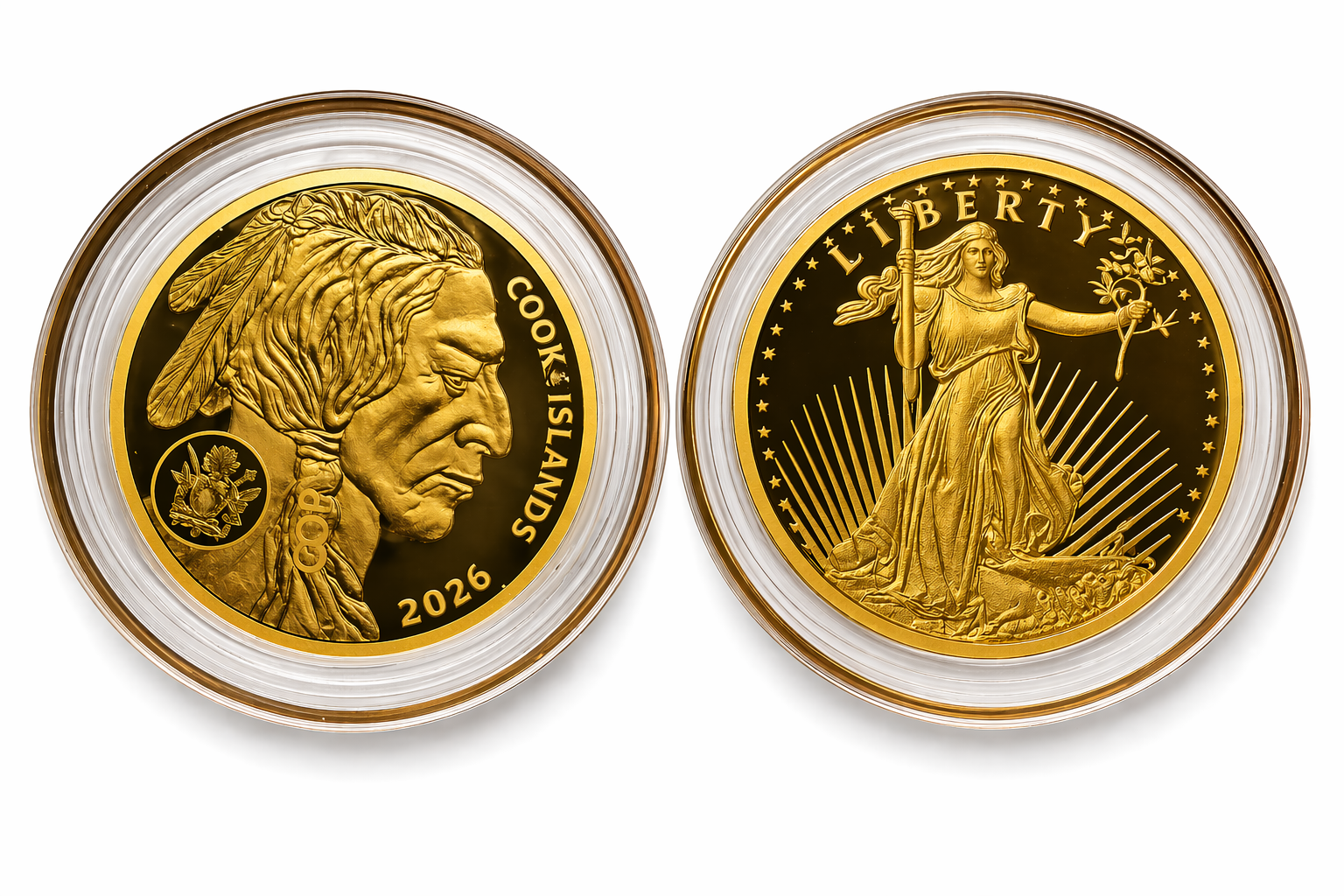 2026 Cook Islands $5 Gold Coin Set – St Gaudens + Buffalo 100mg .9999 Fine