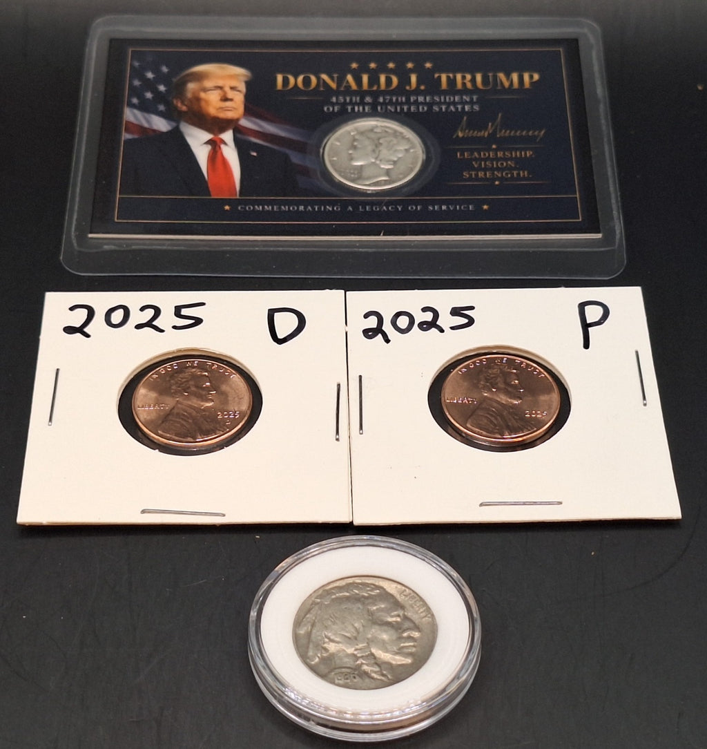 Trump Silver Mercury Dime Card, Buffalo Nickel & 2025 P&D Cent Set BU Coins