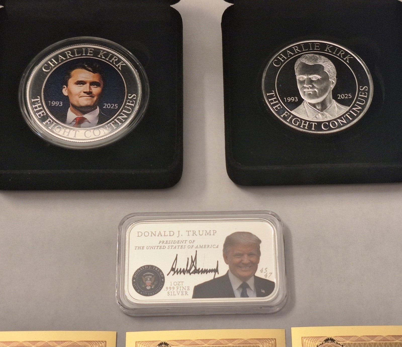 Charlie Kirk & Trump Colorized .999 Silver Set w/ Cases + 2 FREE Idaho Goldbacks