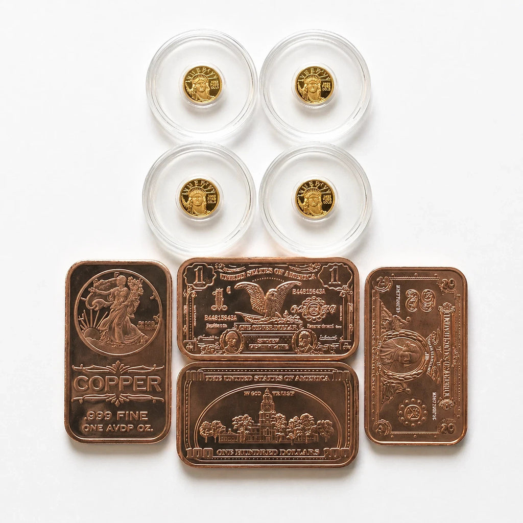4x 24K Liberty Gold Coins 1/200 oz .9999 + FREE 4x 1 oz Copper Bars Set
