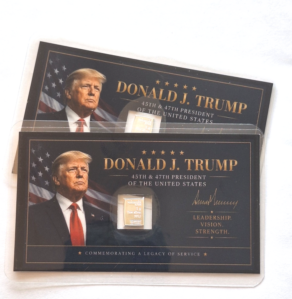 2x Donald Trump Tribute Card w/ Genuine 1g Valcambi Suisse .999 Fine Silver Bar