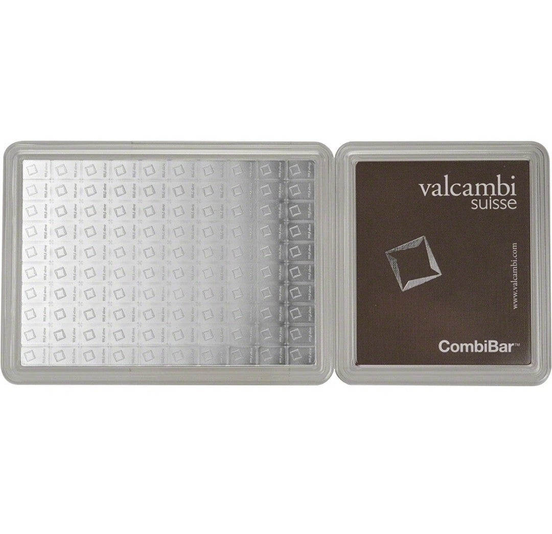 100 gram Silver Bar - Valcambi 100x1 Gram Silver CombiBar with Assay Card