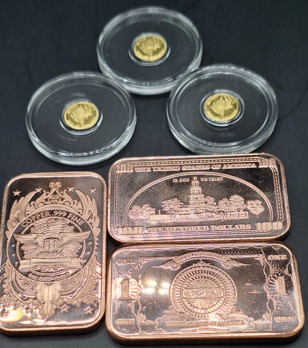 3x Mercury Gold Dime 1/200 oz .9999 Gold Coins + FREE 3x 1 oz Copper Bars