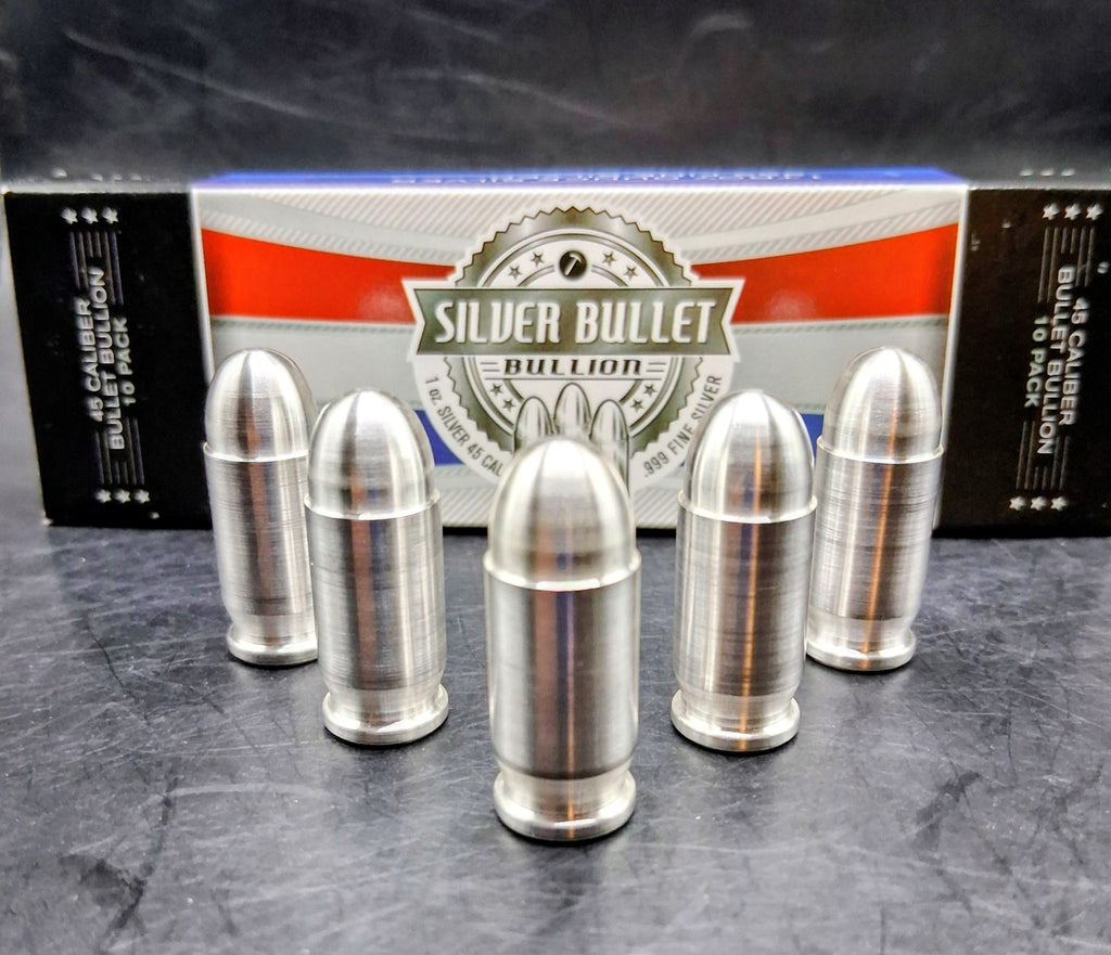 Lot 5 x 1oz Silver Bullet Bullion .999 Fine Silver .45 Auto ACP 5oz Total
