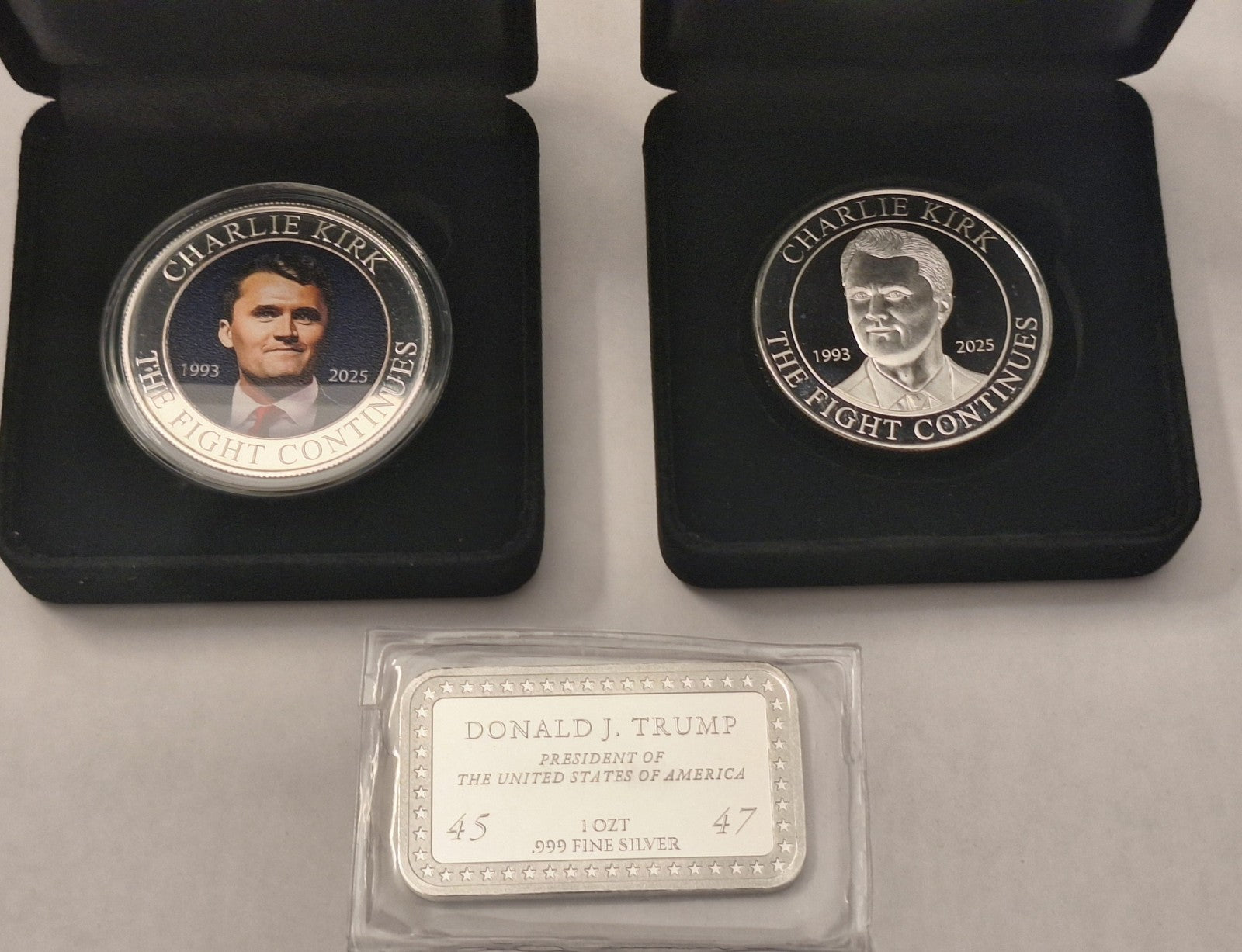 Charlie Kirk & Trump .999 Silver Set w/ Display Cases + 2 FREE Idaho Goldbacks!
