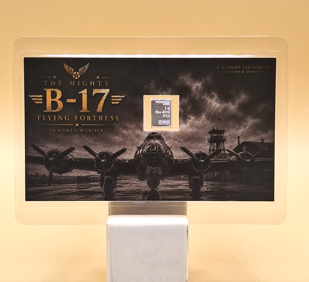 2x B-17 Flying Fortress Cards w/ Genuine 1g Valcambi Suisse .999 Fine Silver Bar