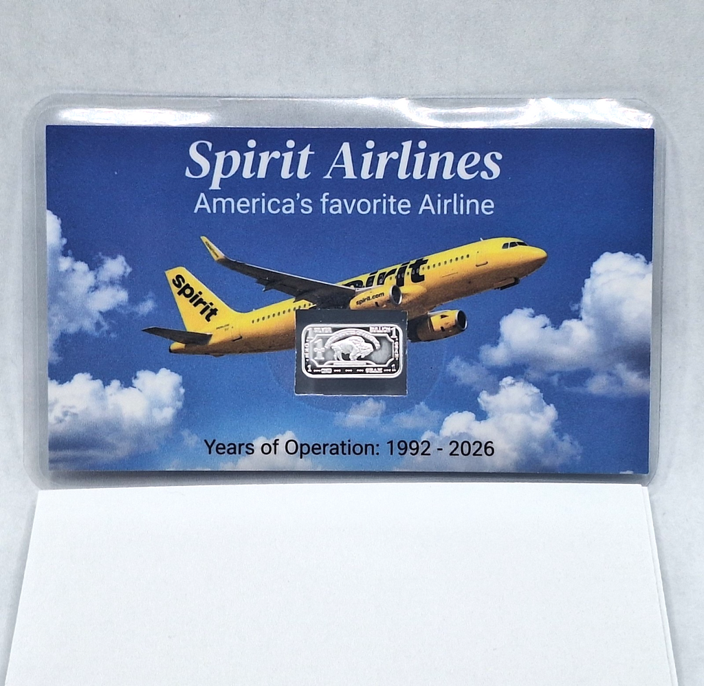 Spirit Airlines Tribute Card w/ Genuine 1g Buffalo .999 Fine Silver Bar