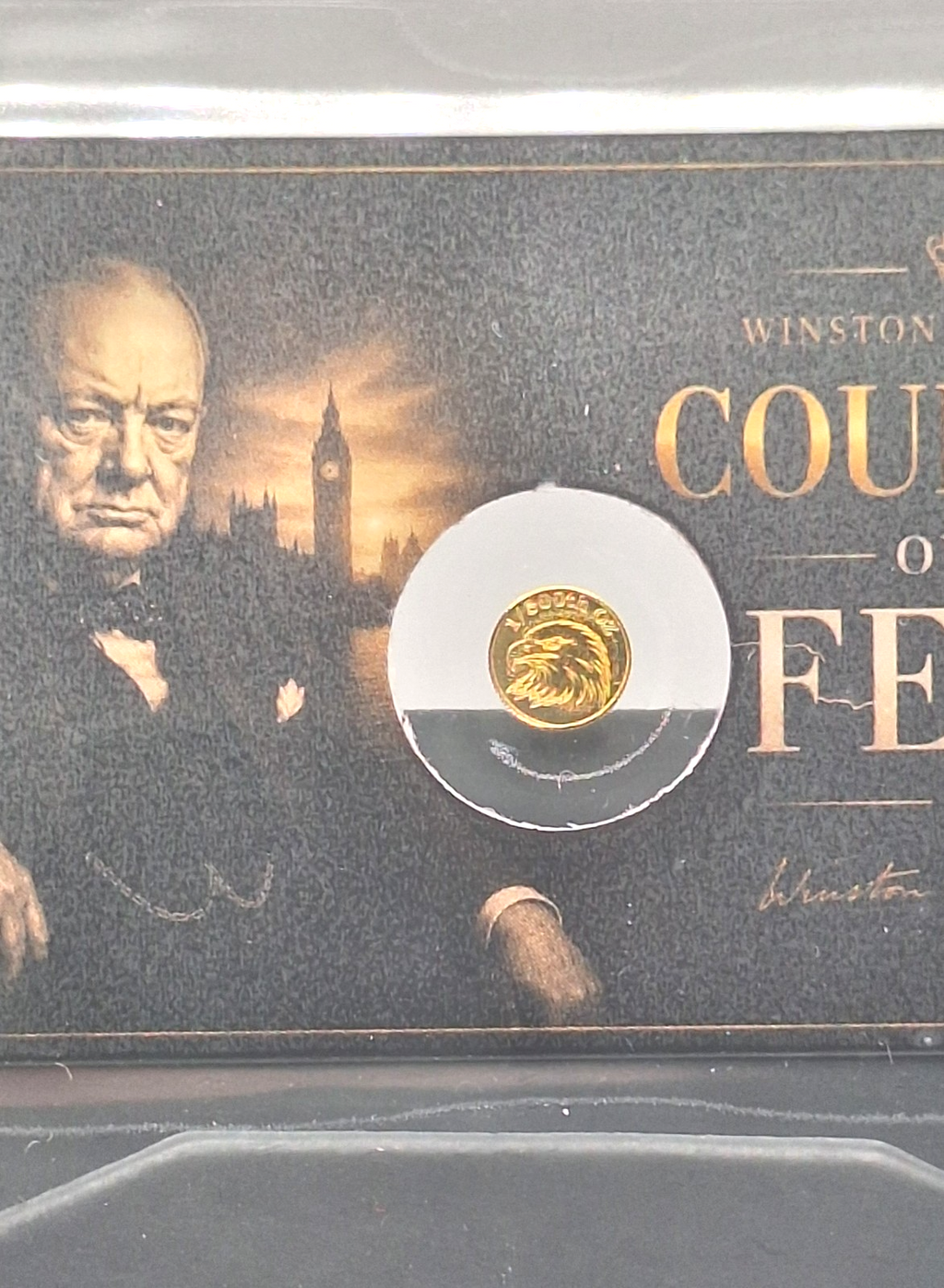 Winston Churchill Tribute Card w/ Genuine 1/500 oz .9999 Gold Eagle Round