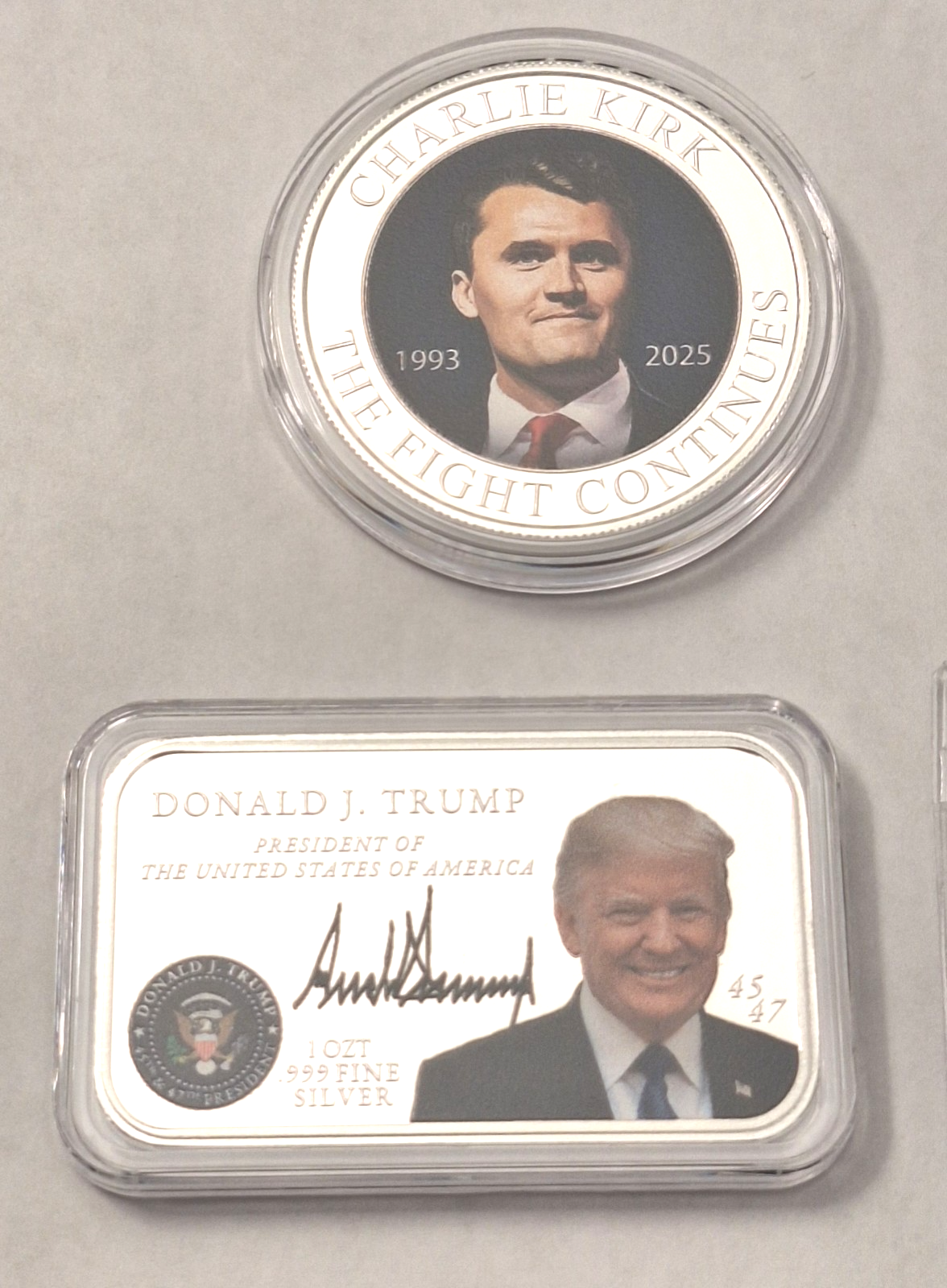 Ultimate Charlie Kirk & Trump 4pc .999 Silver Set + Colorized Trump Bar 🇺🇸