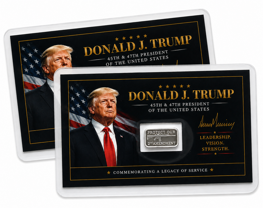 2x Donald Trump Tribute Card Protect Our 2nd Amendment 1 Gram .999 Silver Bar FS