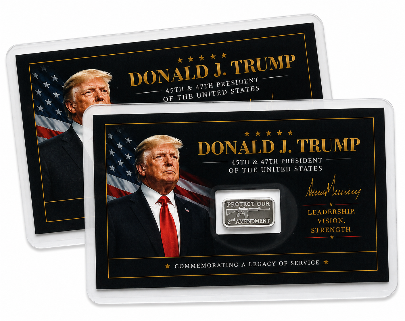 2x Donald Trump Tribute Card Protect Our 2nd Amendment 1 Gram .999 Silver Bar FS