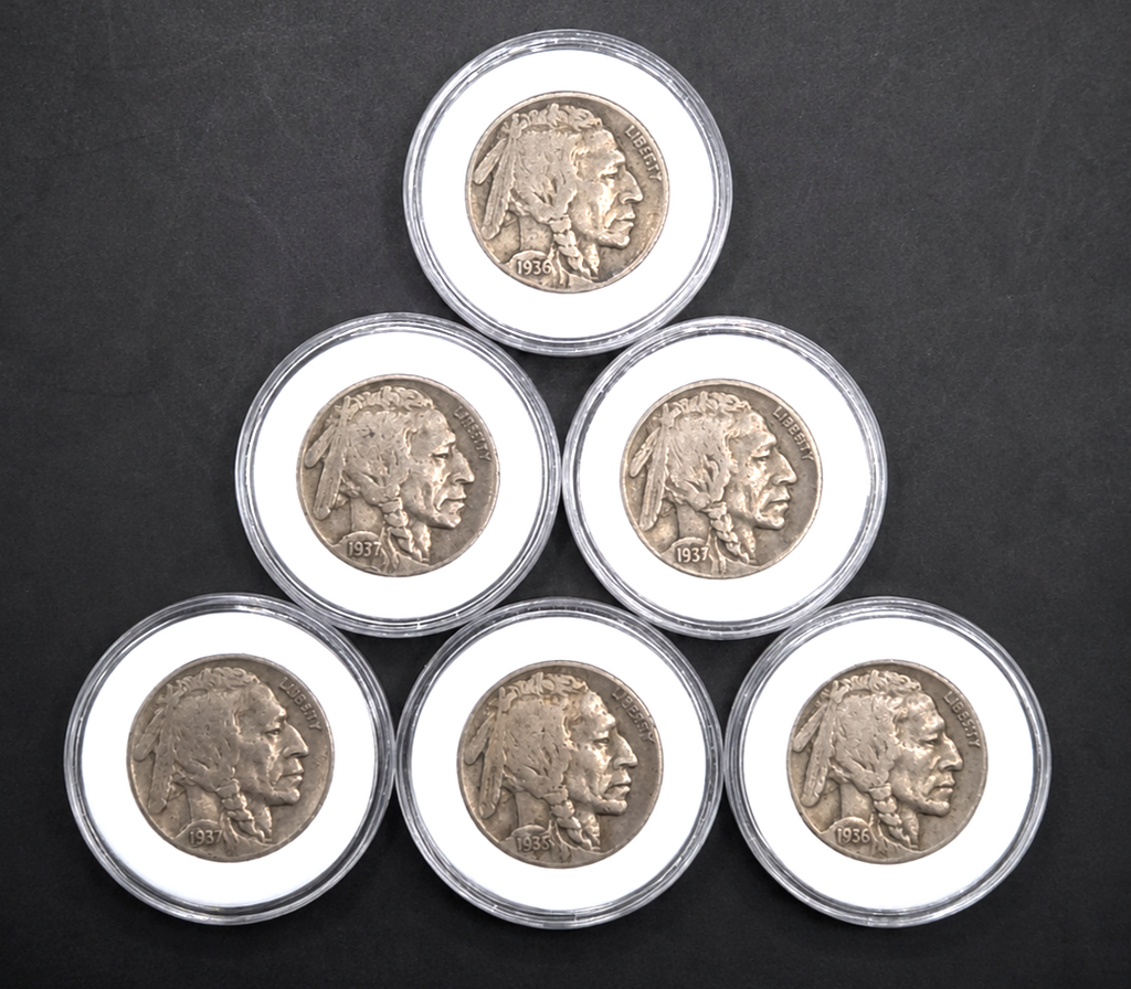 Lot of 6 Buffalo / Indian Head Nickel Coins with Full Dates, US Coins!