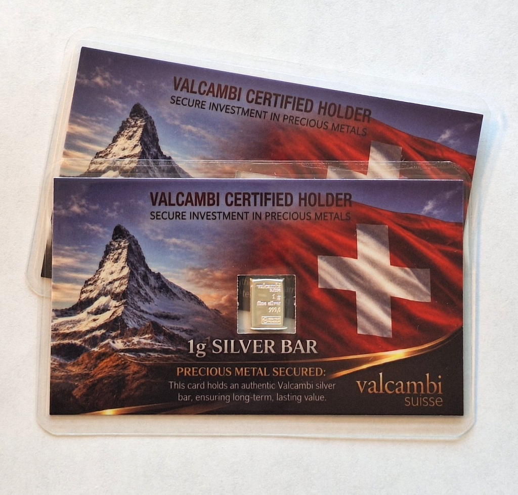 2x 1g Valcambi Suisse Silver Bar .999 Fine Silver in Sealed Swiss Display Card