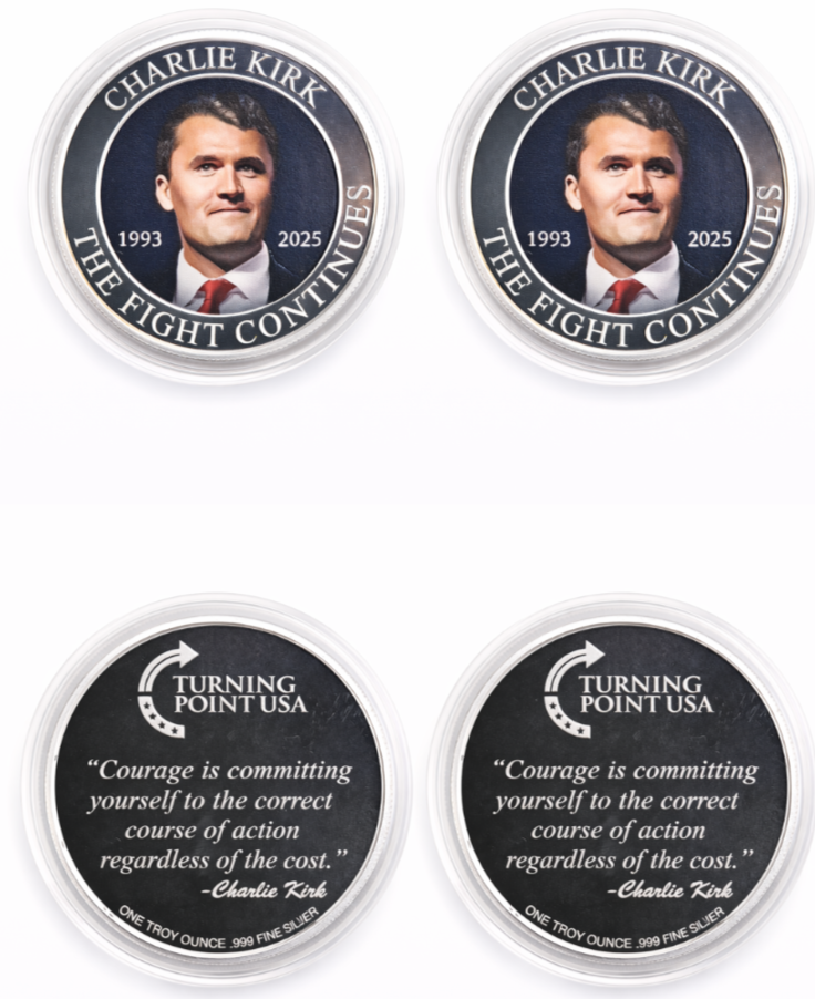 Set of 2 Charlie Kirk Memorial Coins – 1 oz .999 Silver Colorized w/ Certificate