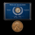 Mercury Silver Dime 90% 1916-1945 in Display Card + Wheat Penny 1909-1958