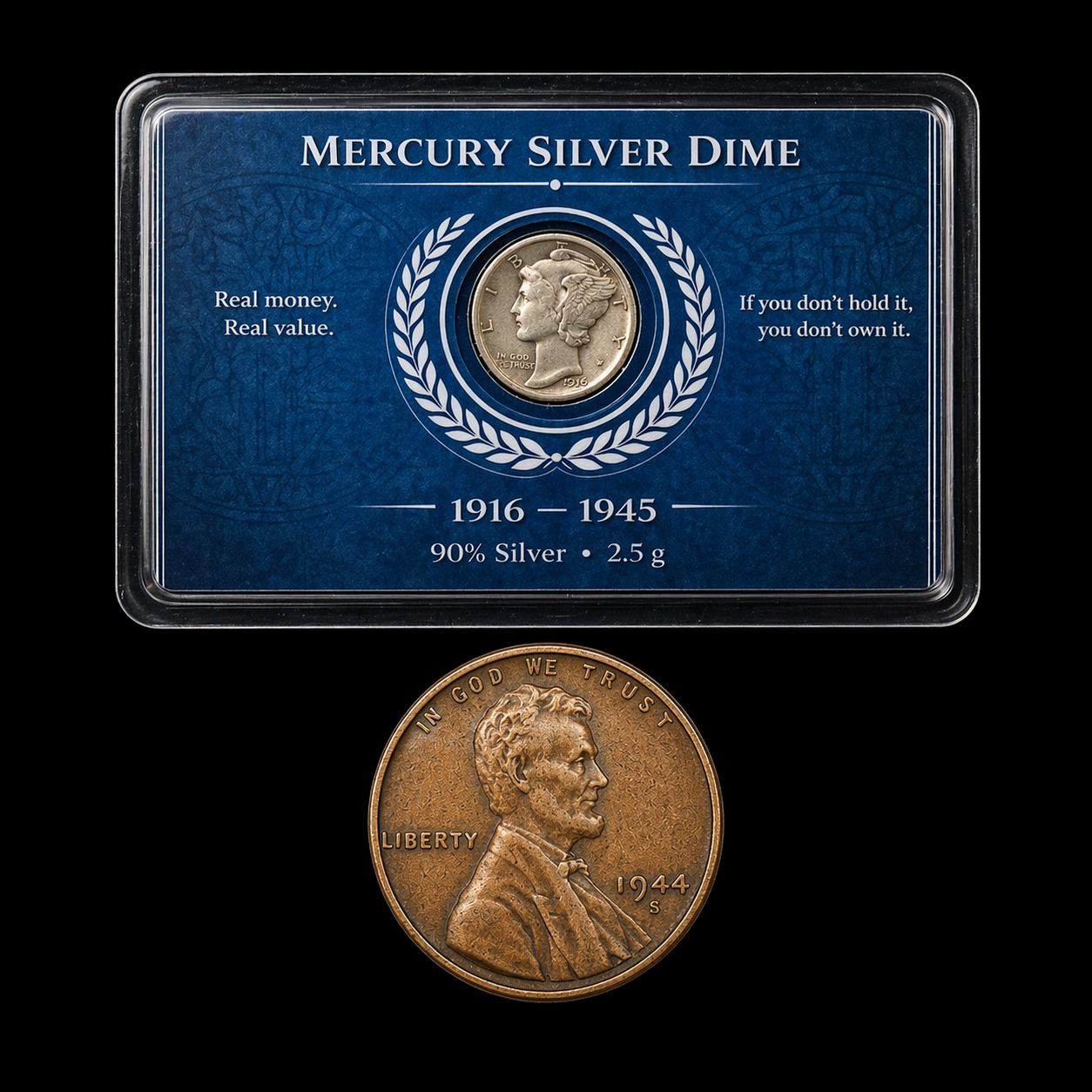Mercury Silver Dime 90% 1916-1945 in Display Card + Wheat Penny 1909-1958