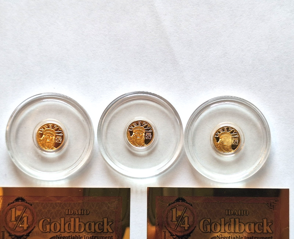 3x 24k Pure Gold Lady Liberty Coins .9999 Rounds + 2 FREE Idaho Goldbacks 24k
