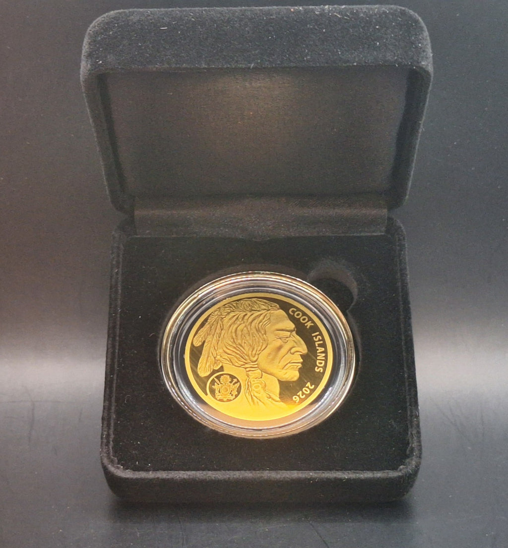 2026 Cook Islands $5 Buffalo Gold Coin 100mg .9999 Fine Gold in Display Case