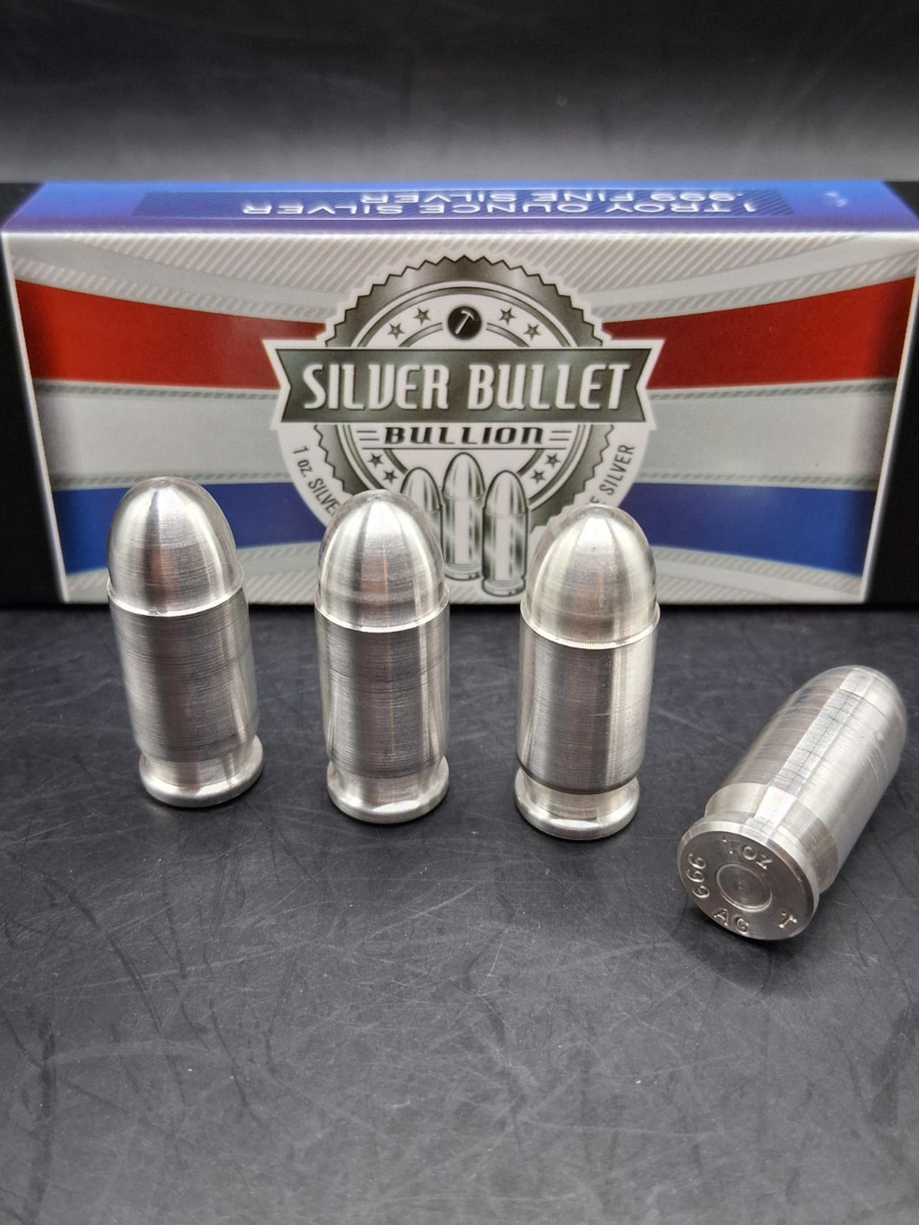 Lot 4 x 1oz Silver Bullet Bullion .999 Fine Silver .45 Auto ACP 4oz Total