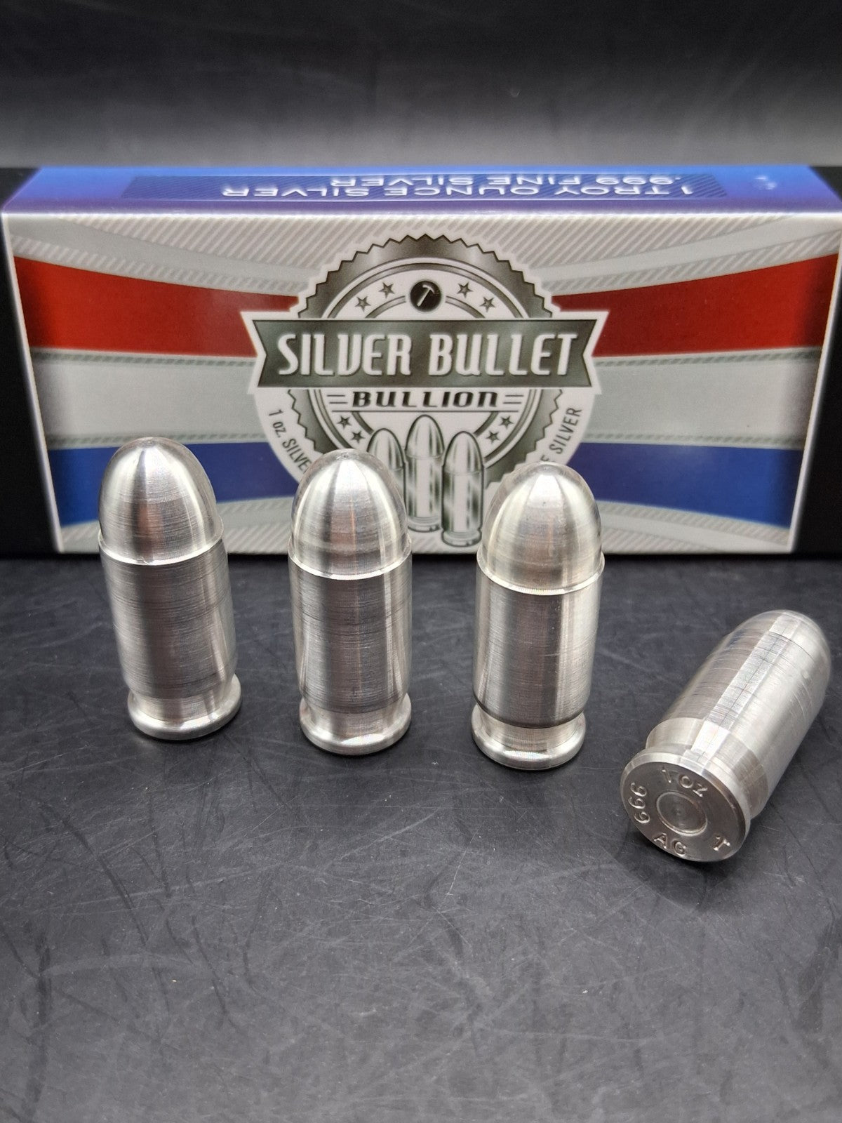 Lot 4 x 1oz Silver Bullet Bullion .999 Fine Silver .45 Auto ACP 4oz Total