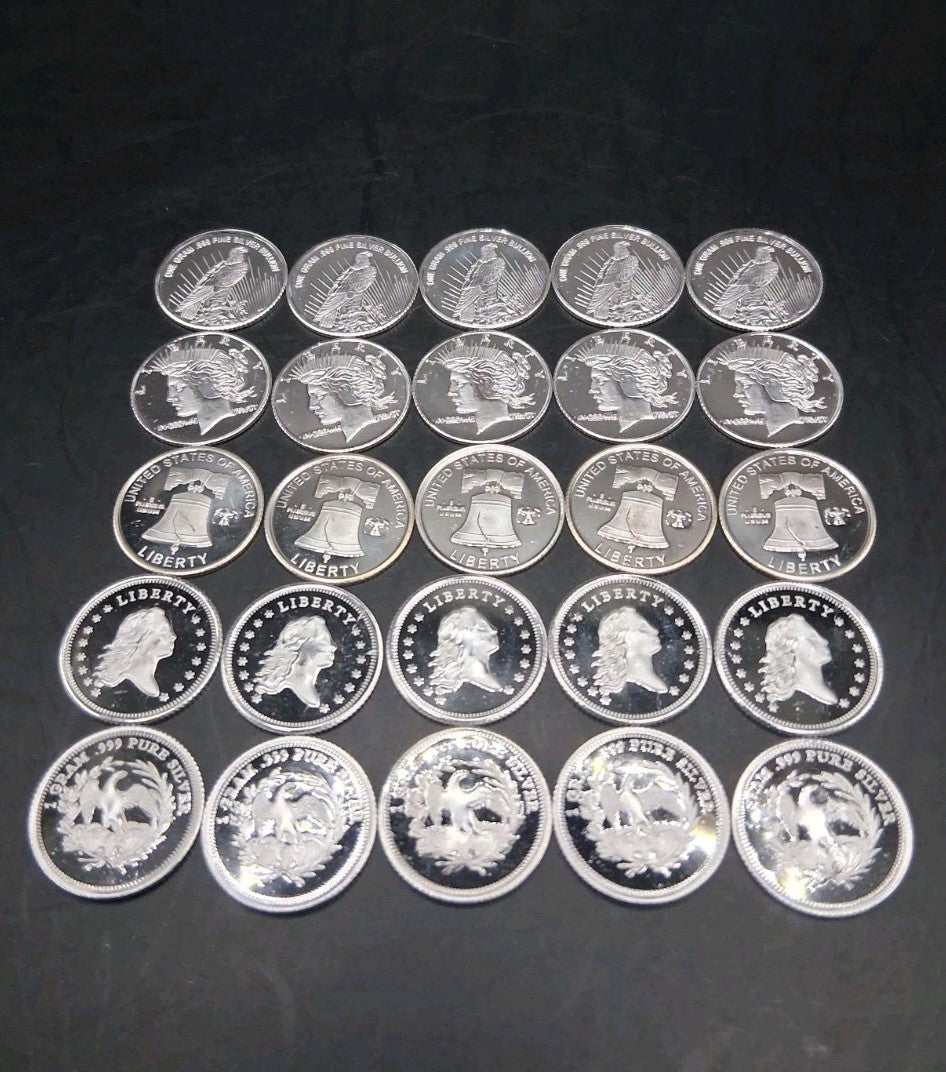 (25x) Pure .999 Fine Silver Rounds Premium New Bullion Estate Lot Designs