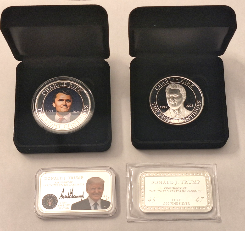 Ultimate Trump & Charlie Kirk .999 Silver Set w/ Colorized Bar + Display Cases