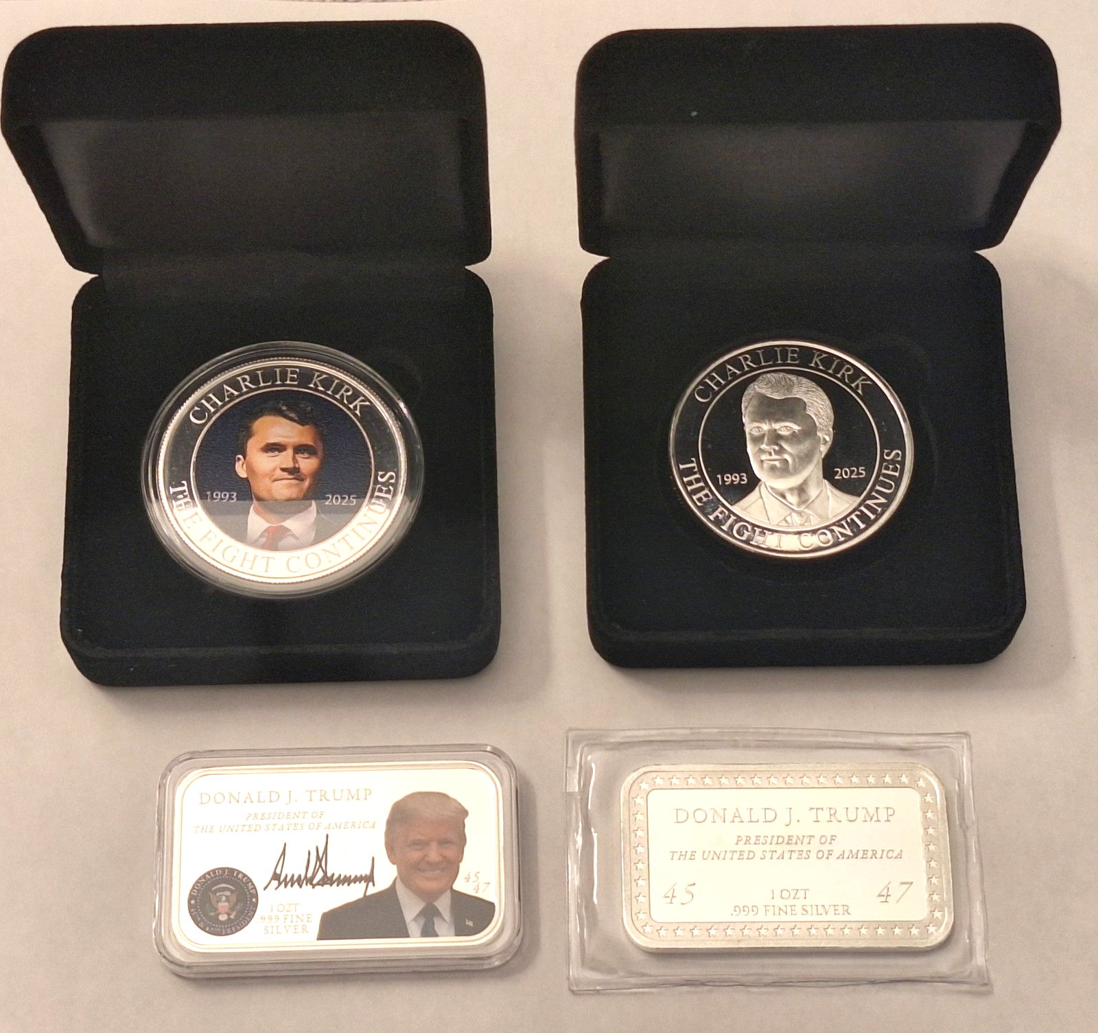 Ultimate Trump & Charlie Kirk .999 Silver Set w/ Colorized Bar + Display Cases