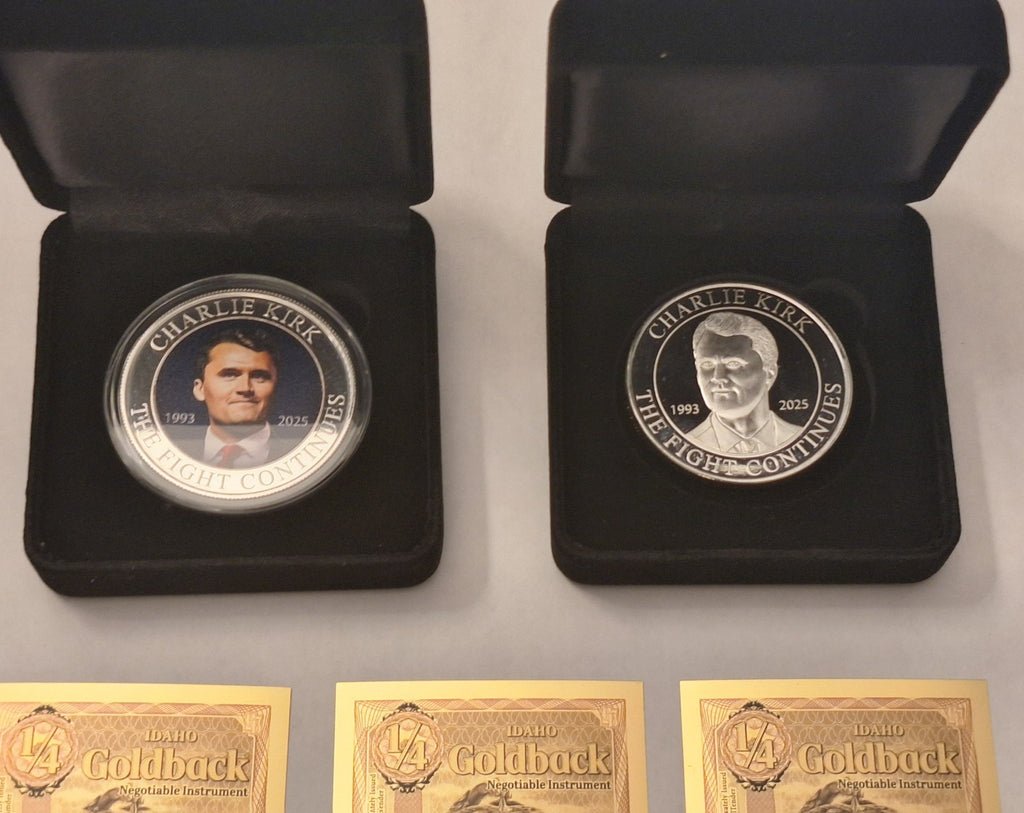 Charlie Kirk 2-Coin .999 Silver Set w/ Display Cases + 3 FREE Idaho Goldbacks!