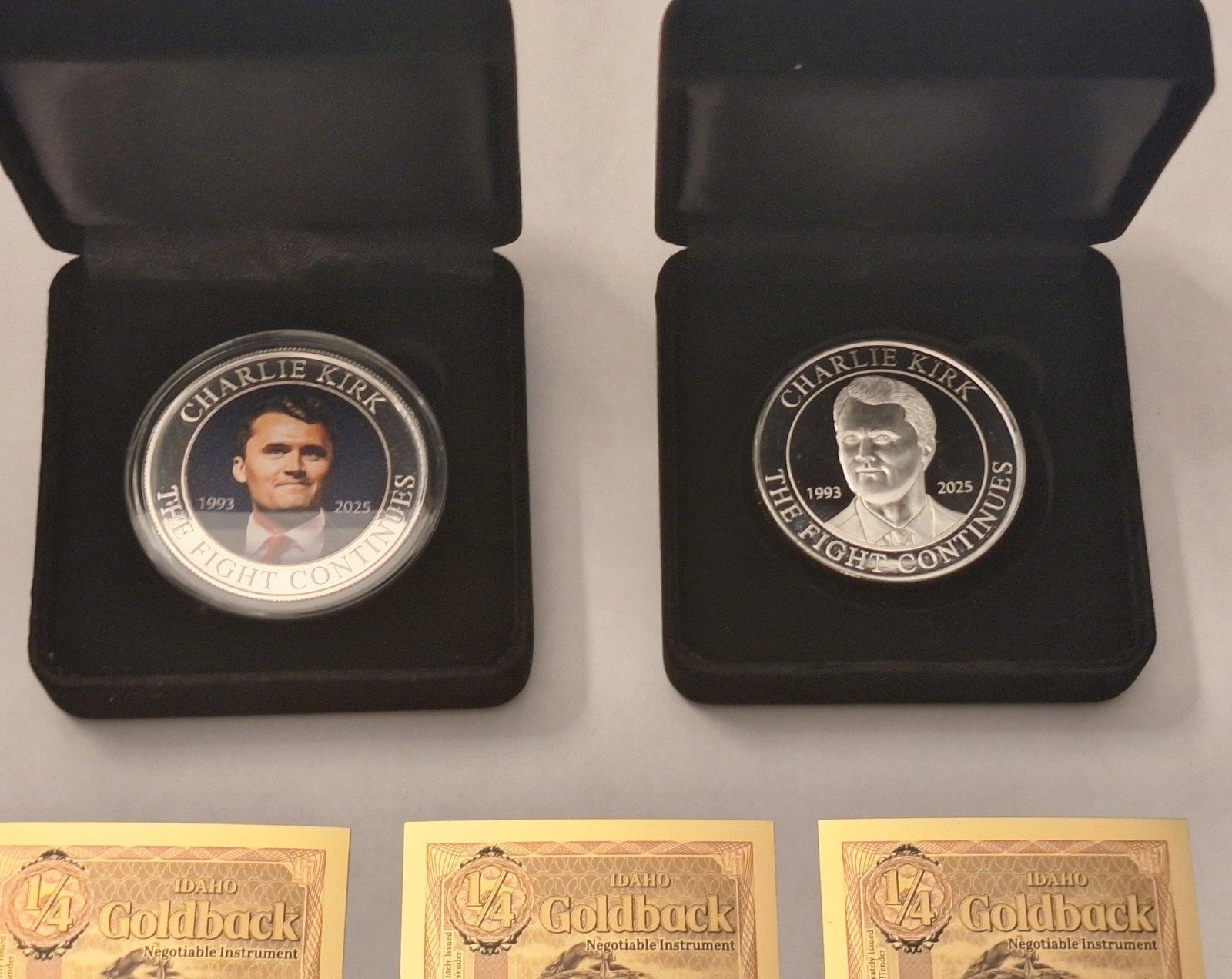Charlie Kirk 2-Coin .999 Silver Set w/ Display Cases + 3 FREE Idaho Goldbacks!