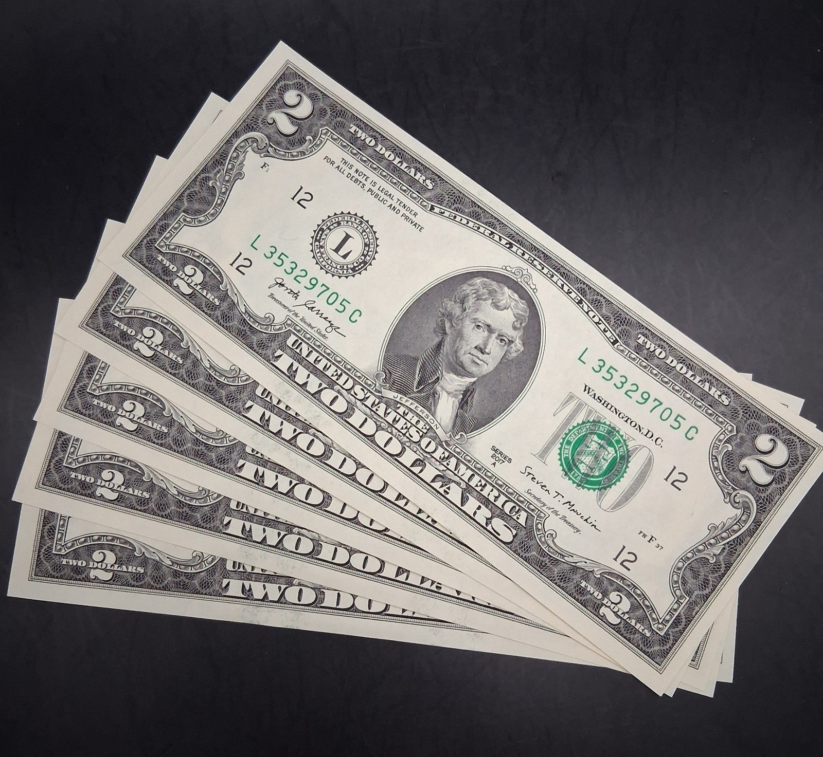 5x Uncirculated $2 Two Dollar Bills - $10 Face Value - Sequential/Random Mint
