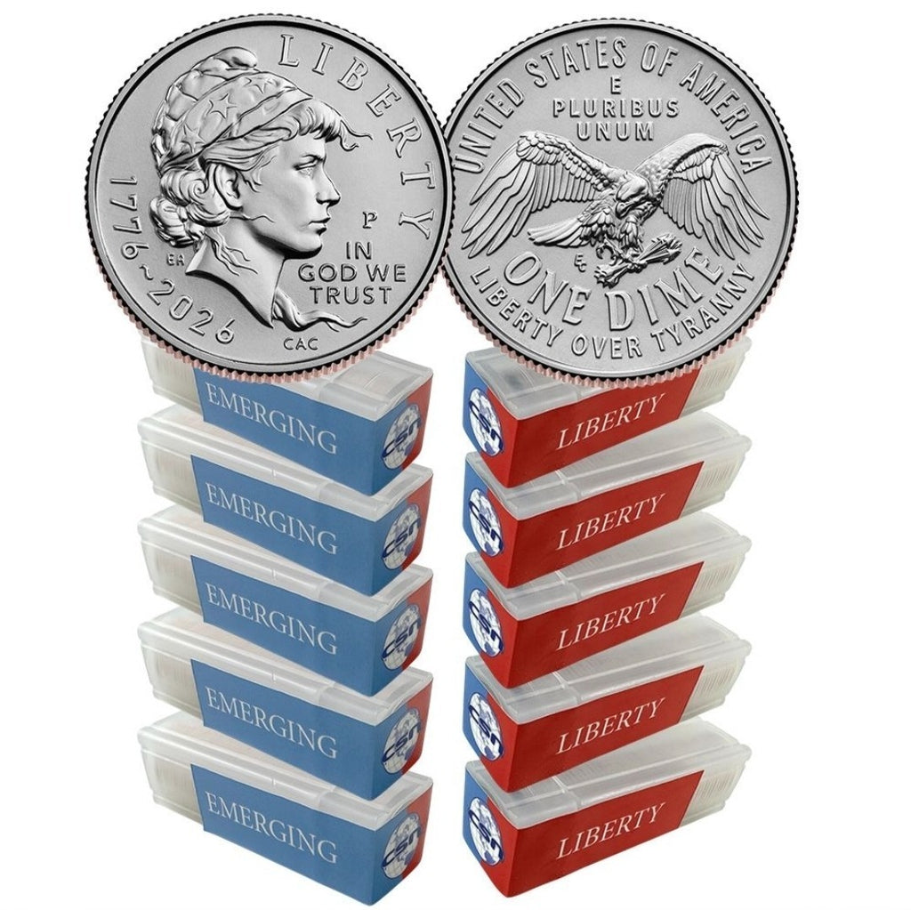 Lot 10 Rolls x 2026 P&D Mint Emerging Liberty Dime 50 Coin Rolls, 5 P & 5 D Roll