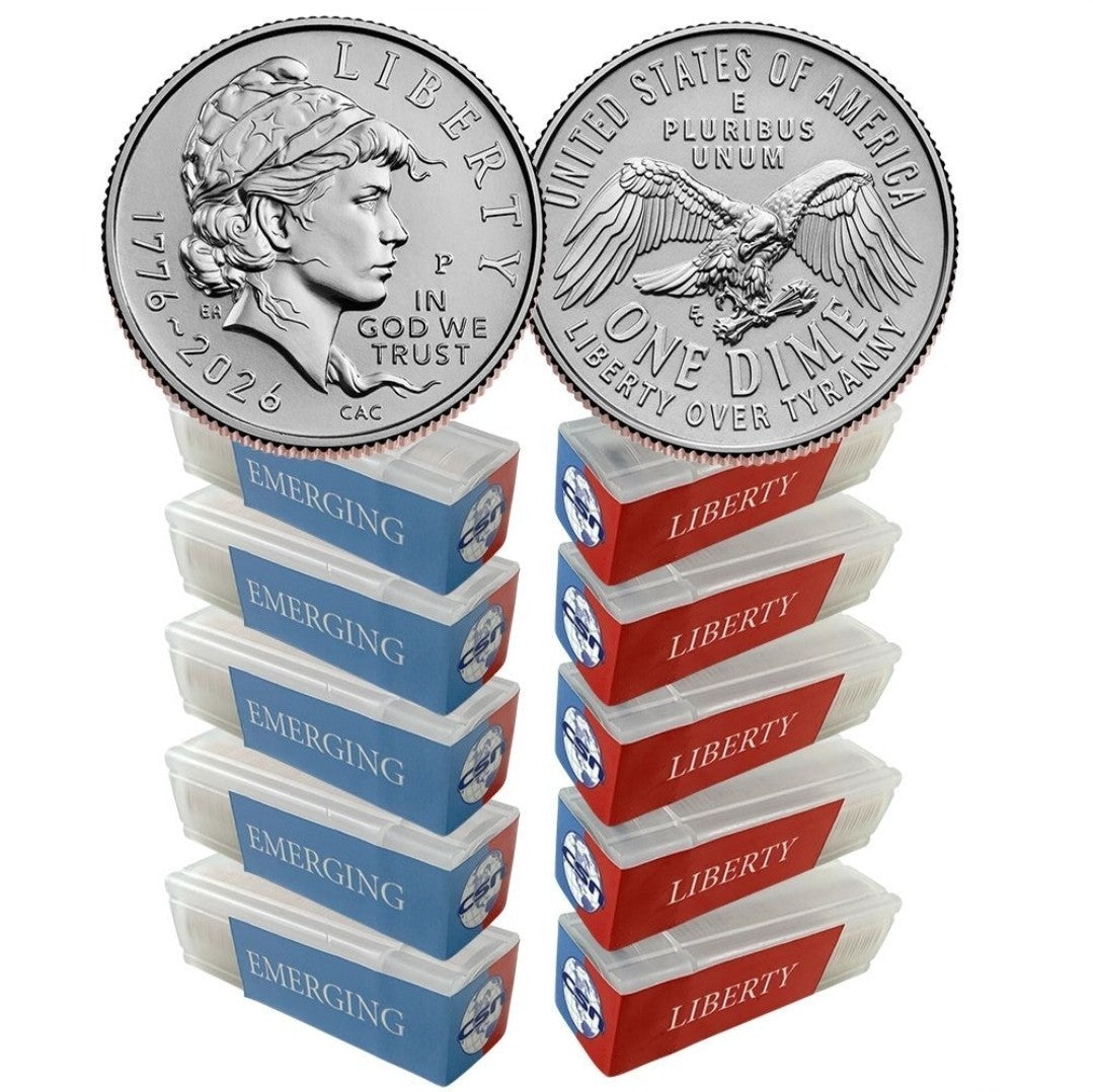 Lot 10 Rolls x 2026 P&D Mint Emerging Liberty Dime 50 Coin Rolls, 5 P & 5 D Roll
