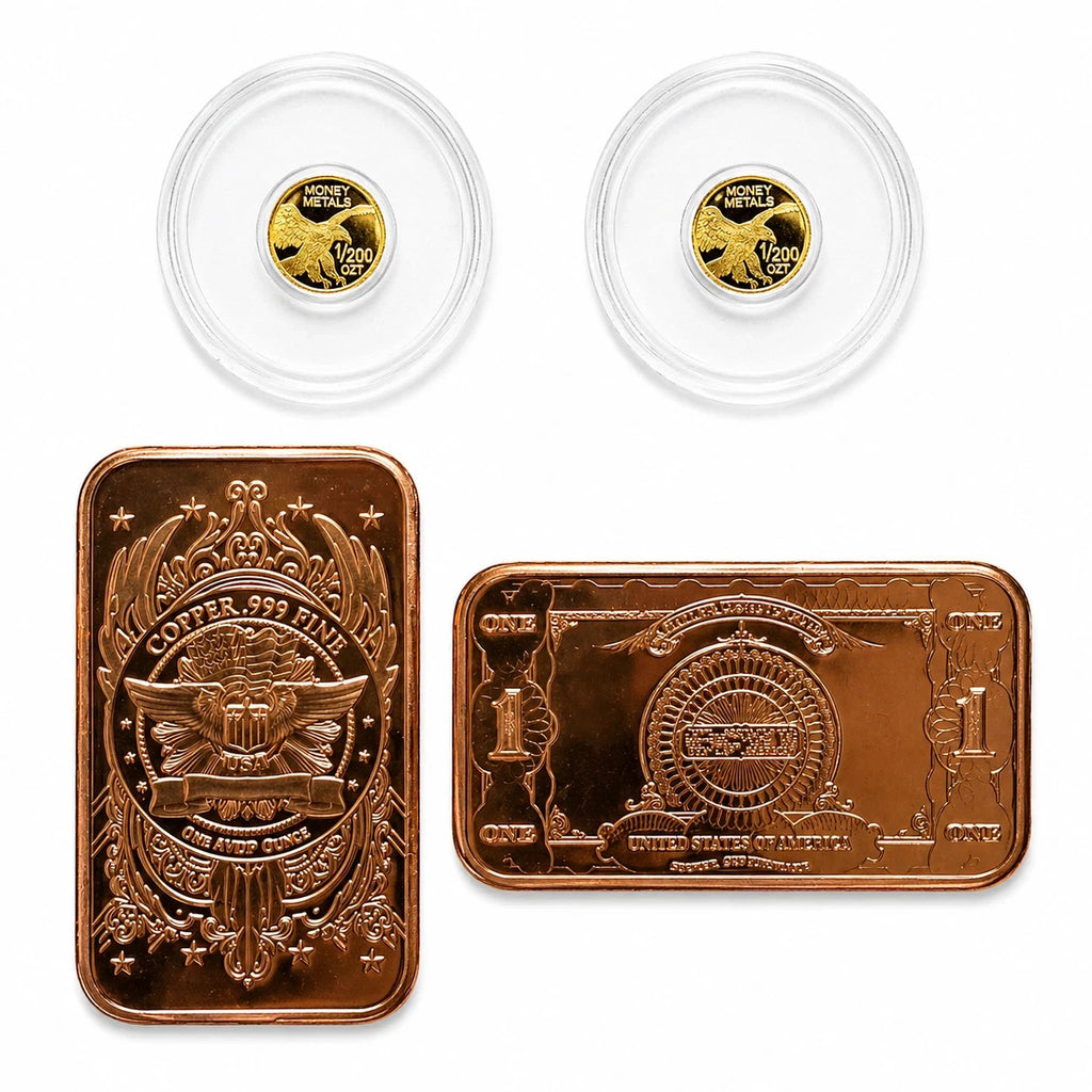 2x 24K Liberty Gold Coins 1/200 oz .9999 + FREE 2x 1 oz Copper Bars Set