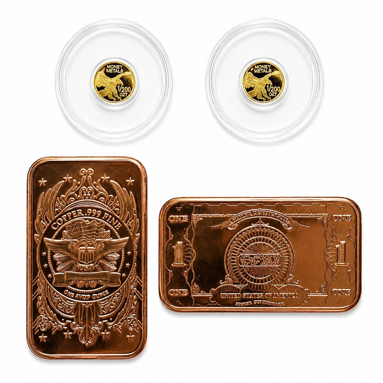 2x 24K Liberty Gold Coins 1/200 oz .9999 + FREE 2x 1 oz Copper Bars Set