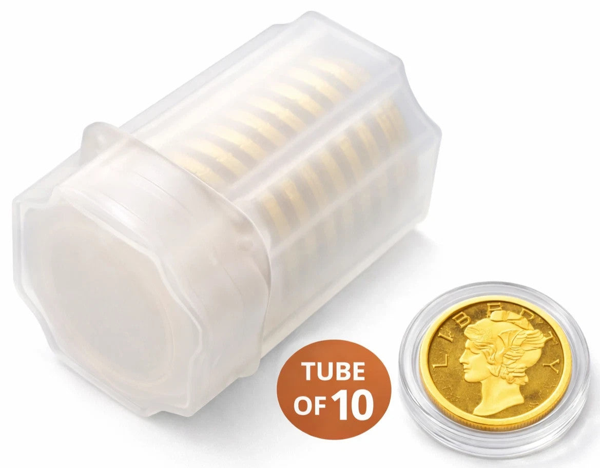 Tube of 10 Mercury Gold Dimes 1/200 oz .9999 Pure Gold Bullion Rounds Collector