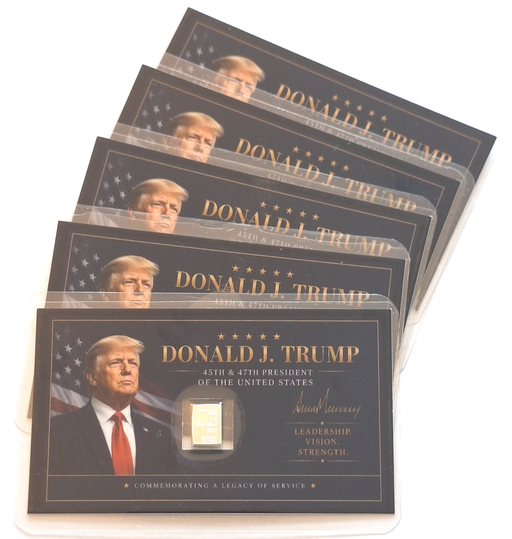 5x Donald Trump Tribute Card w/ Genuine 1g Valcambi Suisse .999 Fine Silver Bar