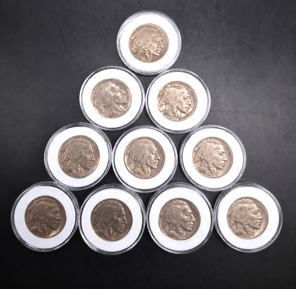 Lot of 10 Buffalo / Indian Head Nickel Coins with Full Dates, US Coins!