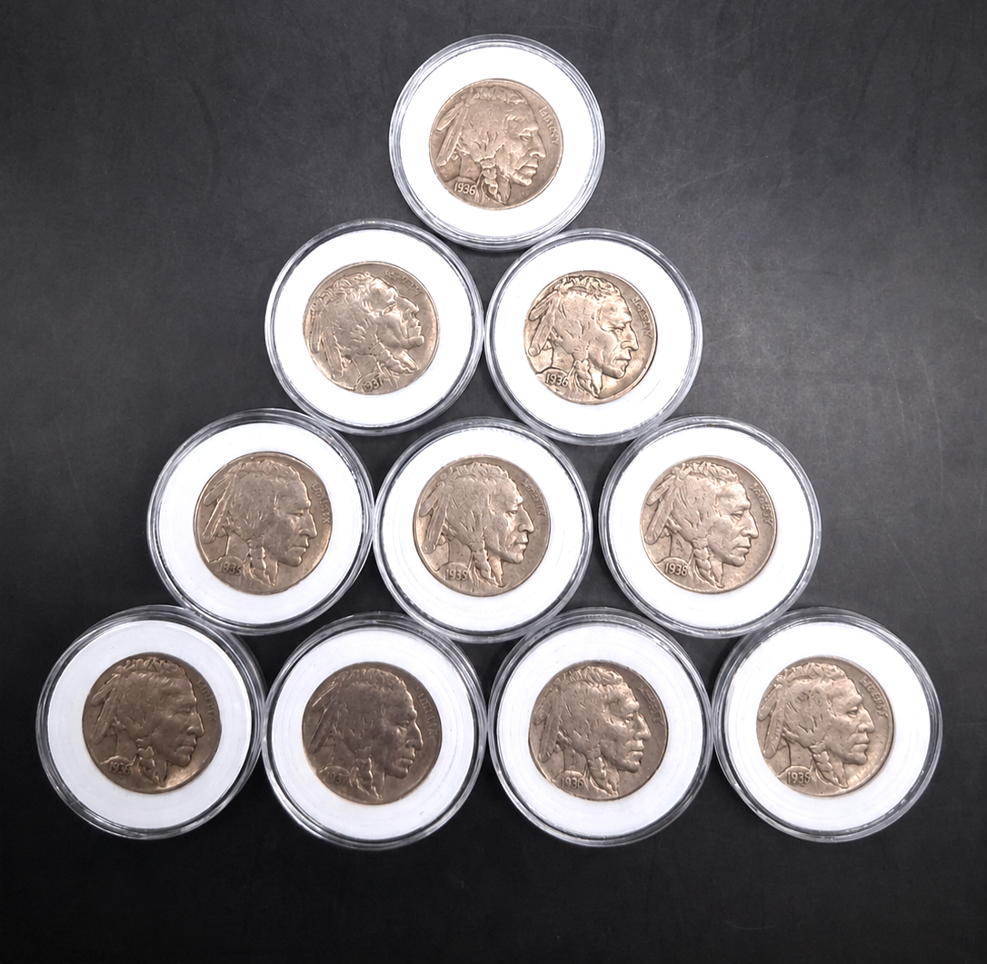 Lot of 10 Buffalo / Indian Head Nickel Coins with Full Dates, US Coins!