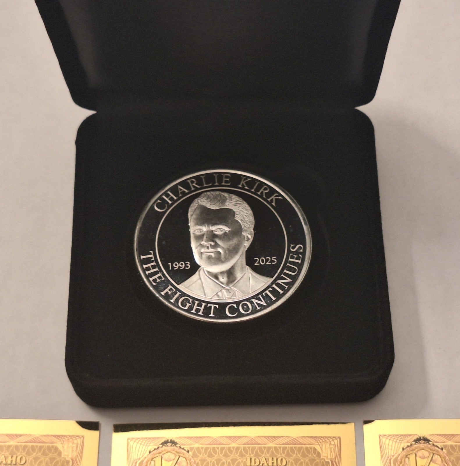 1oz .999 Silver TPUSA Charlie Kirk Coin w/ Case + 3 BONUS Idaho Goldbacks!